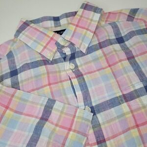 Cremieux Linen Shirt Mens Medium Blue Plaid Short Sleeve Button Up‎ Casual
